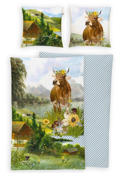 Irisette Magic Mako-Satin Bettwäsche 135x200 Kühe Wiese Berge grün Wende 8862-90