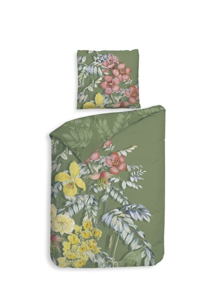 Heckett & Lane Mako-Satin Bettwäsche 155x220 Jean Green Blüten Tropic grün gelb