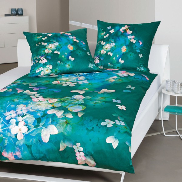 Janine Modern Art Mako-Satin Bettwäsche 135x200 Blüten eisblau grün 42100-06