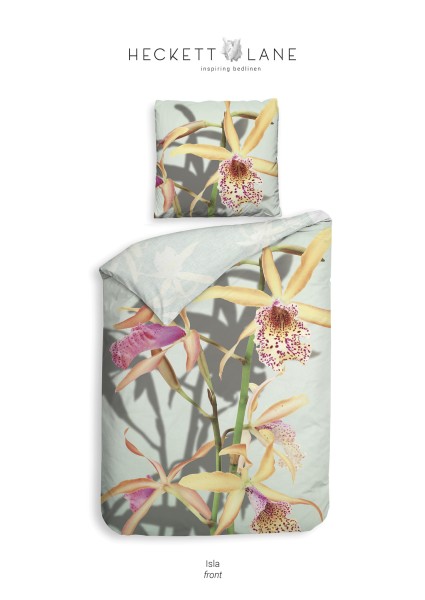 Heckett & Lane Mako-Satin Eco Bettwäsche 155x220 Isla Orchidee Blumen gelb mint